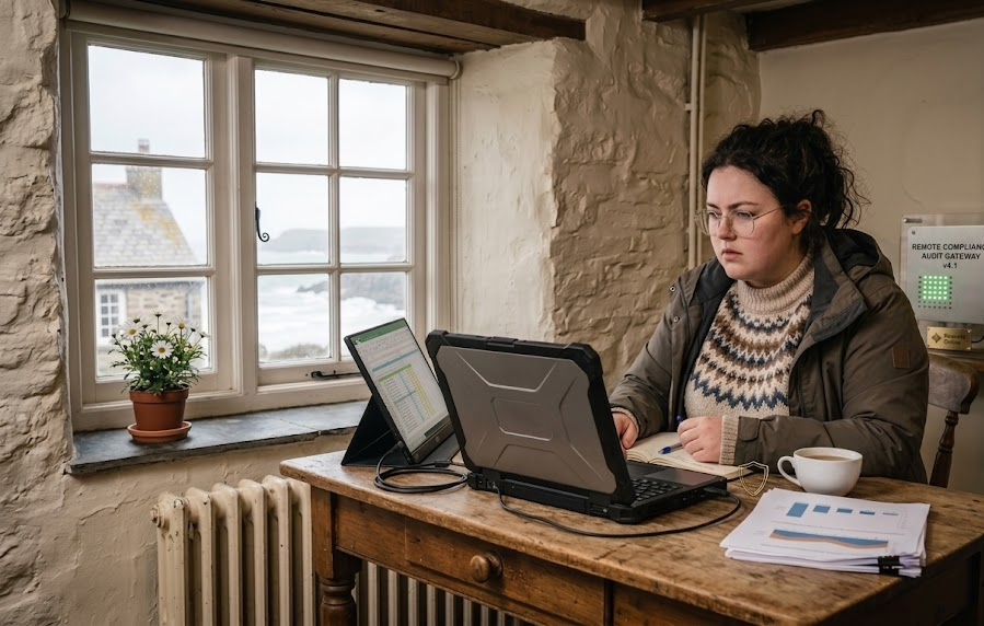 A woman seated at a desk, focused on her laptop, with a notepad and pen nearby
