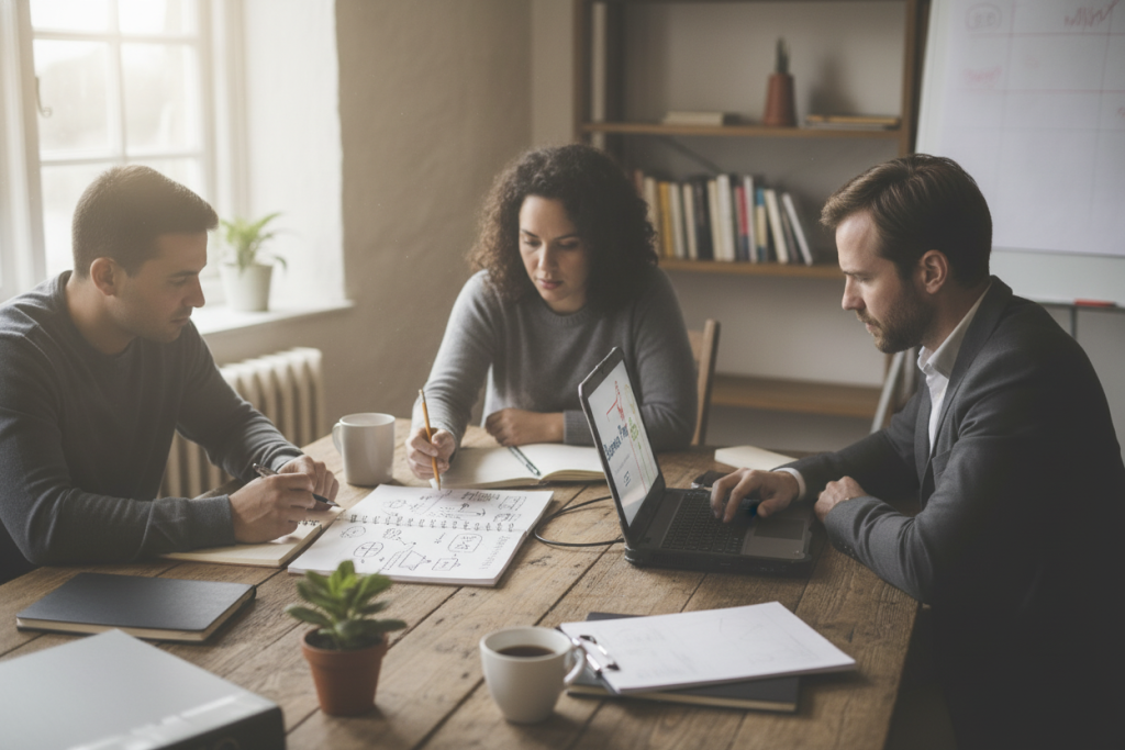 Business partners discussing business expansion cost